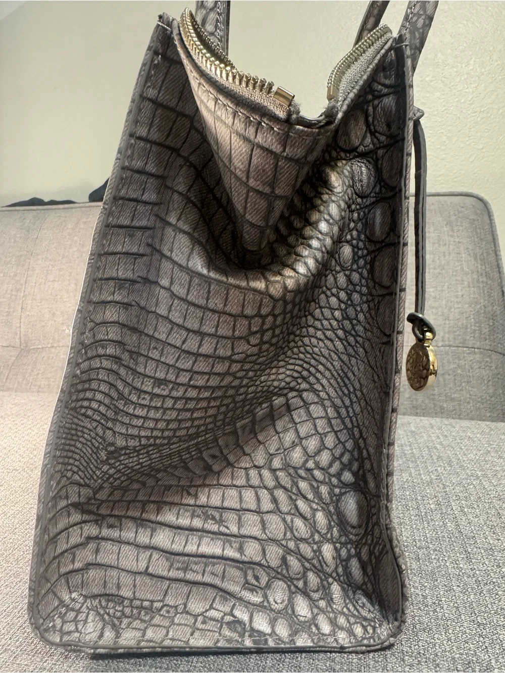Brahmin Medium Metallic Gray Croc-Embossed  Satchel